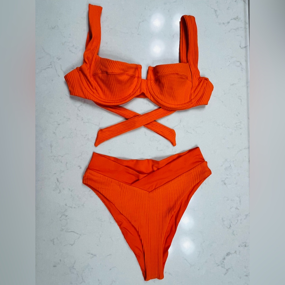 L Space Vibrant Orange Bikini Set, Camellia top and Court Bottom Bitsy high-cut
